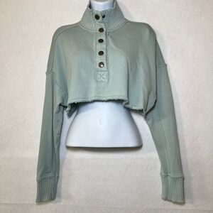 Aerie Sage Green Cropped Henley Sweatshirt Distressed Oversized Raw Hem Women XS